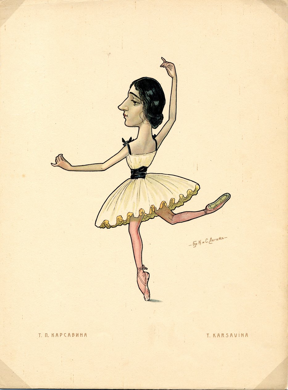 Porträtt av Tamara Karsavina (1885-1978) Rysk ballerina - Litografi av Nikolai Gustavovich Legat (1869-1937), utdrag från Ballet russe en caricatures av Nicolas Legat