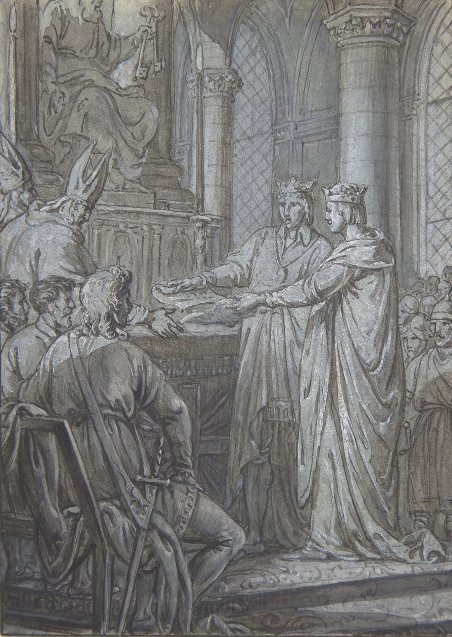 Ludvig III och Carloman ger kungarikets biskopar försäkran om deras trohet år 882, ca. 1791. av Nicolas Lejeune