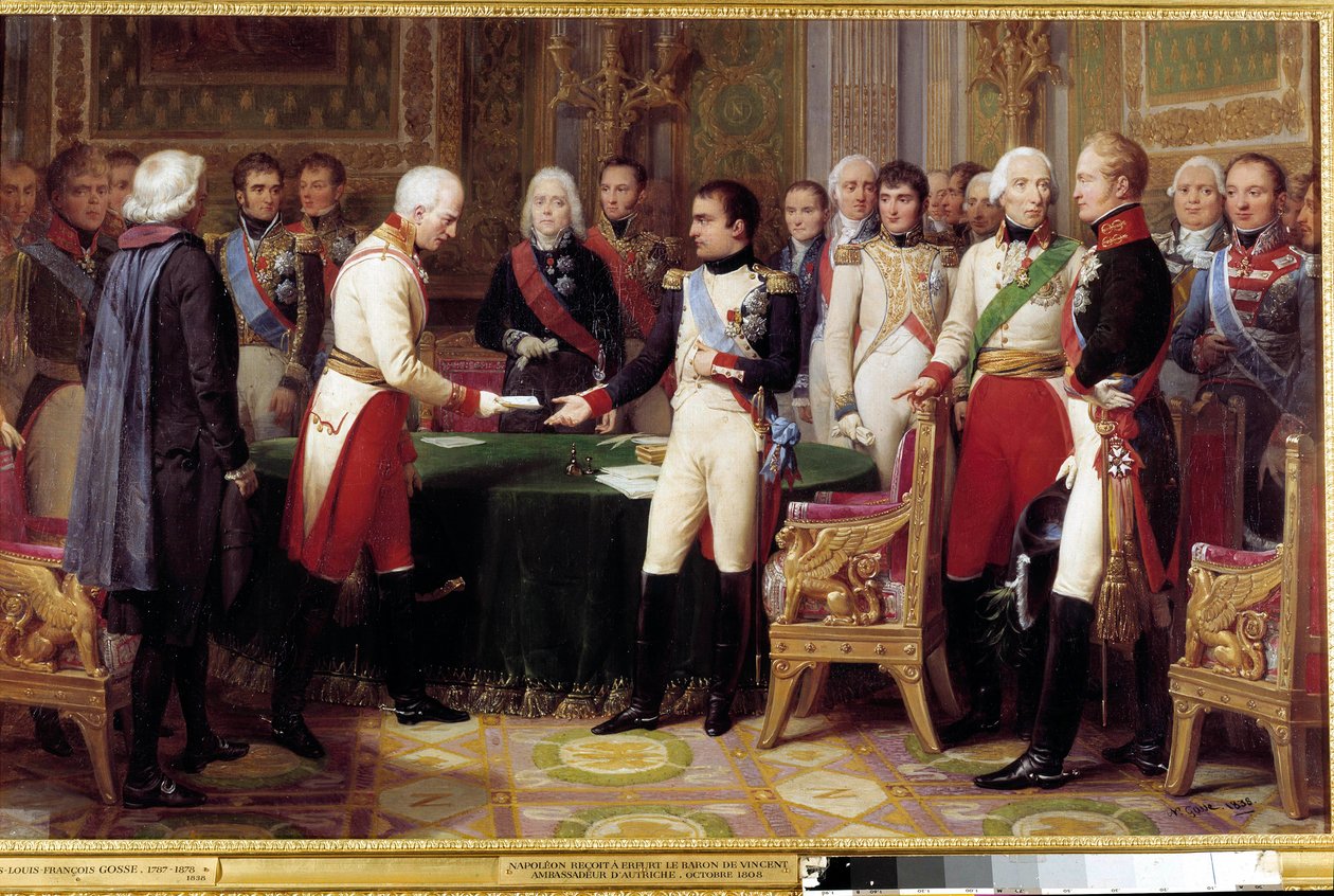 Intervjun av Erfurt, 27 september - 14 oktober 1808: Napoleon I tar emot Baron Vincent, en österrikisk diplomat och skickad från kejsaren av Österrike. I mitten mellan de två karaktärerna ser vi Charles Maurice från Talleyrand Perigord (1754-1838). Smärta av Nicolas Louis Francois Gosse