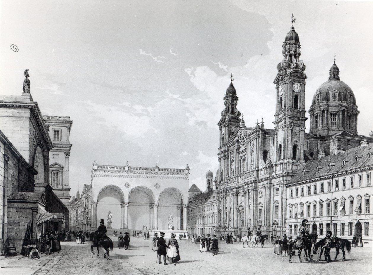 Kungliga slottet, Hall of Marshals och Theatines Church i München, första hälften av artonhundratalet av Nicolas Marie Joseph Chapuy