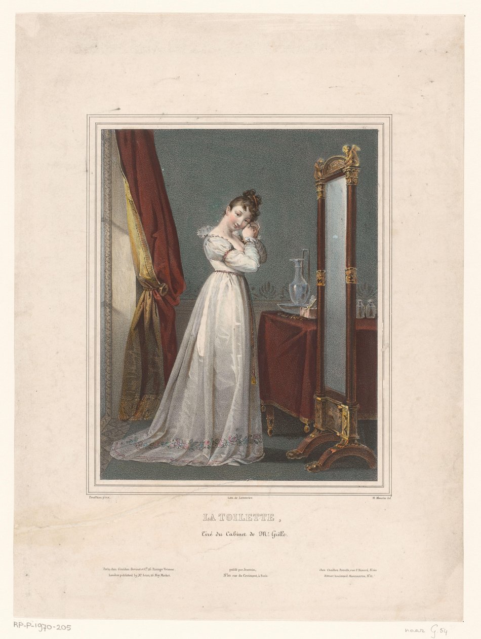 Ung kvinna som står framför spegeln La toilette (titel på objekt) av Nicolas Maurin