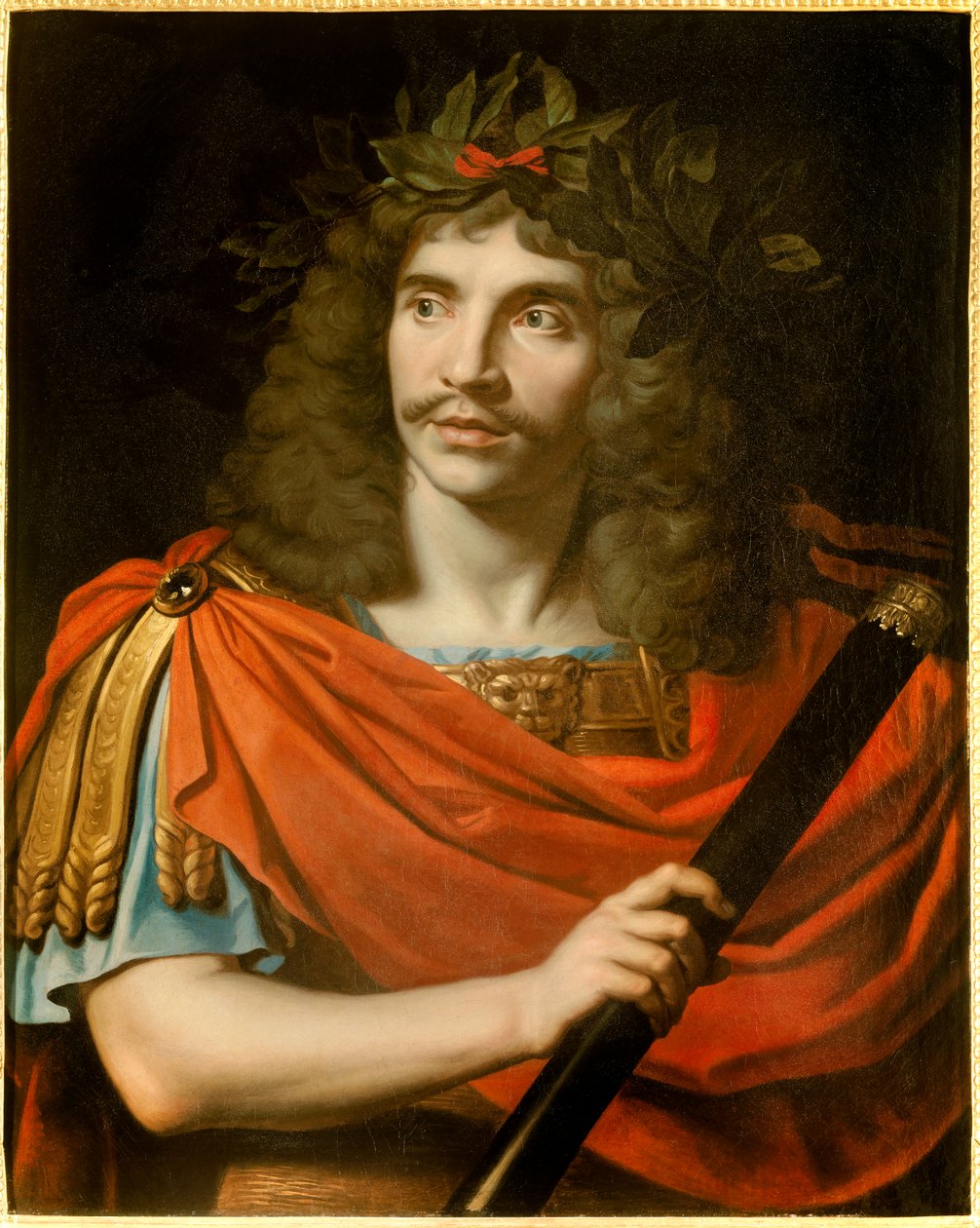Porträtt av den franske komikern och dramatikern Jean-Baptiste Poquelin dit Moliere (1622-1673) i Cesar in La mort de Pompee””” av Corneille”” Målning av Nicolas Mignard (1606-1668). 1657 ca. Sol. 0,75x0,6 m. Comedie francaise Paris - Porträtt av F av Nicolas Mignard