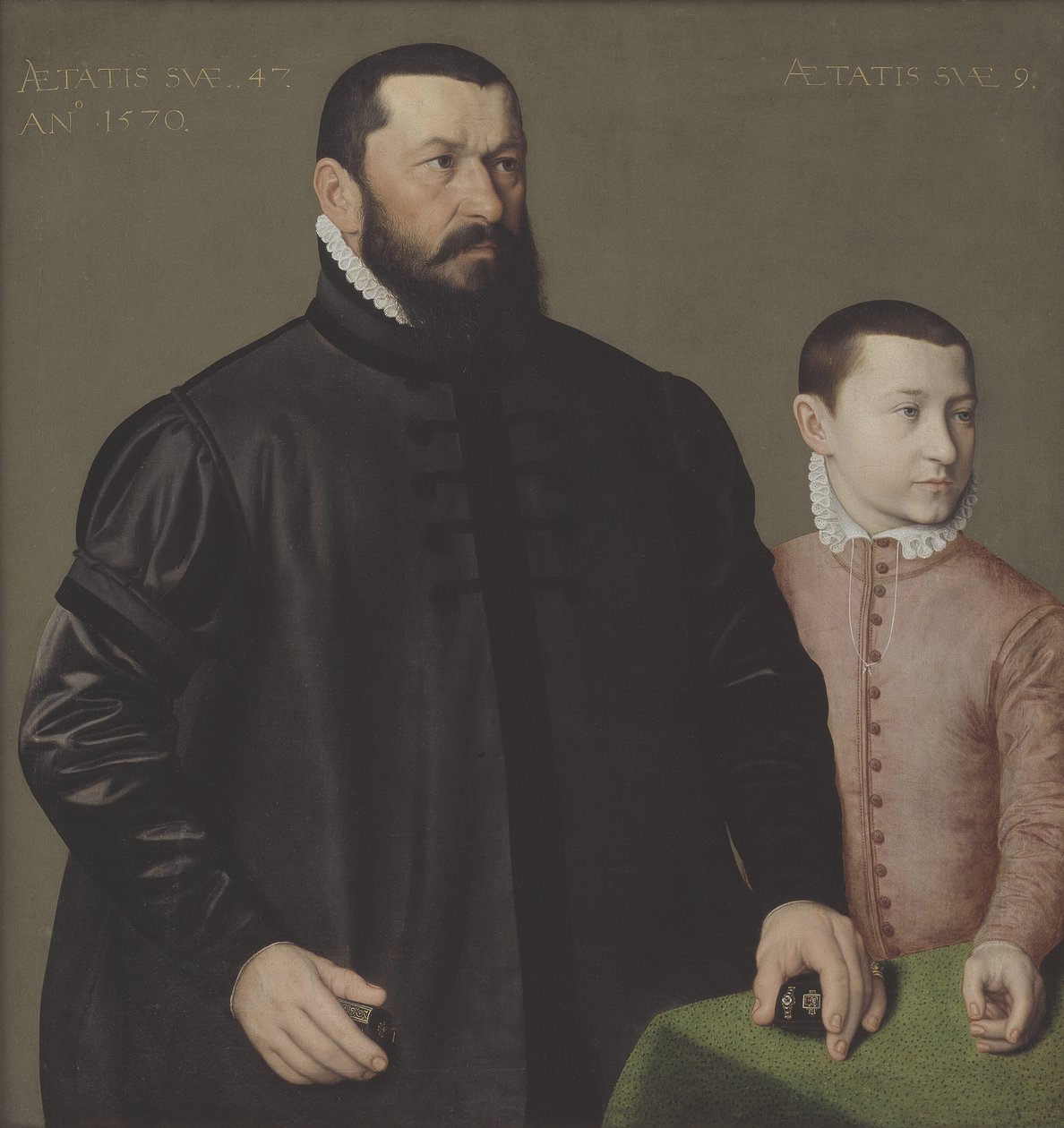 Porträtt av Nürnberg-guldsmeden Hans Lencker (1523-1585) och hans 9-årige son Elisius den yngre av Nicolas Neufchatel