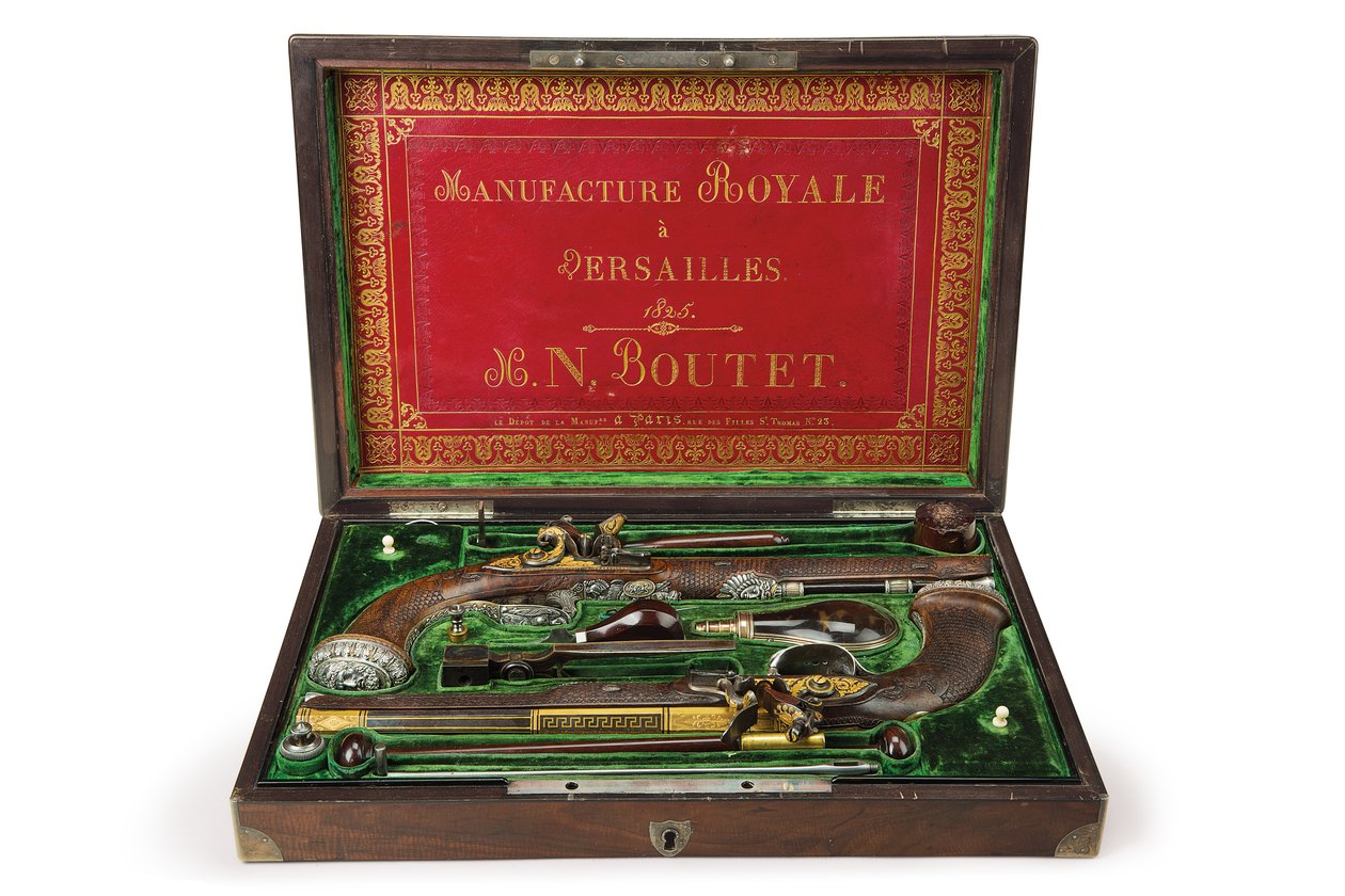 Ett par silvermonterade flintlåspistoler, Versailles, 1825 av Nicolas Noel Boutet