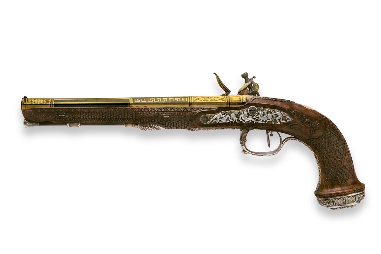 En av ett par silvermonterade riflade flintlåspistoler, Versailles av Nicolas Noel Boutet