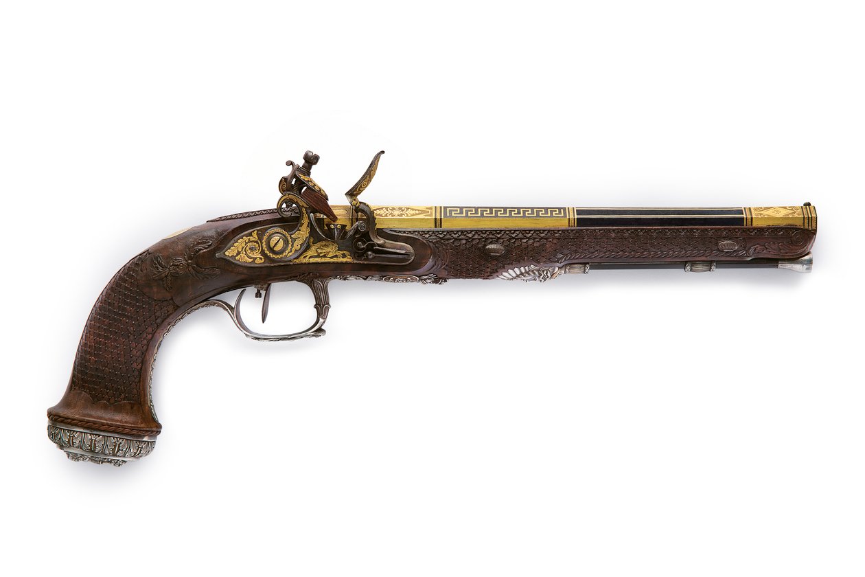 En av ett par silvermonterade riflade flintlåspistoler, Versailles, 1825 av Nicolas Noel Boutet