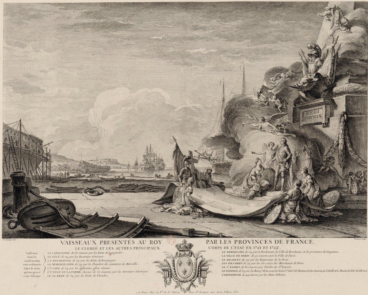 Allegorisk gravyr av skeppsgåvan cirka 1762 av Nicolas Ozanne