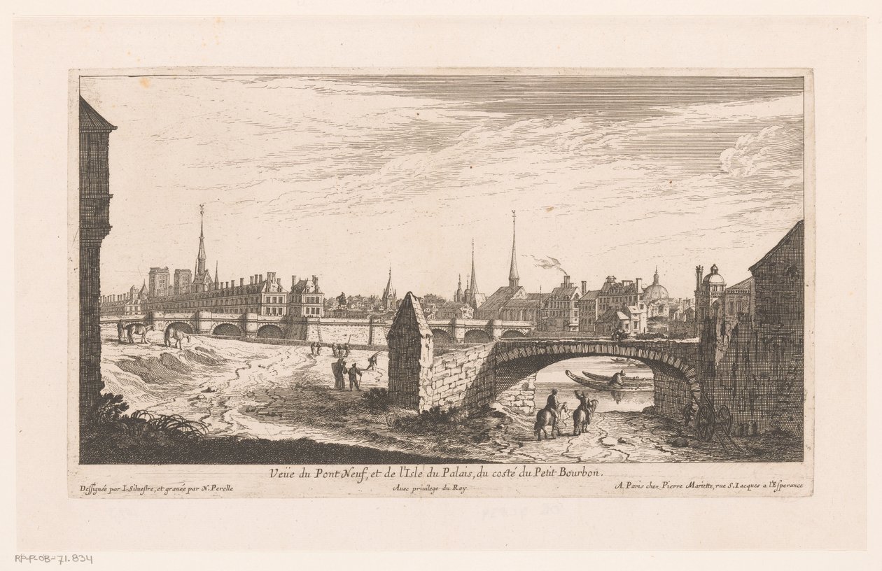Gezicht op de Pont Neuf Utsikt över Pont Neuf och Isle du Palais (...) (titel på objekt) av Nicolas Perelle