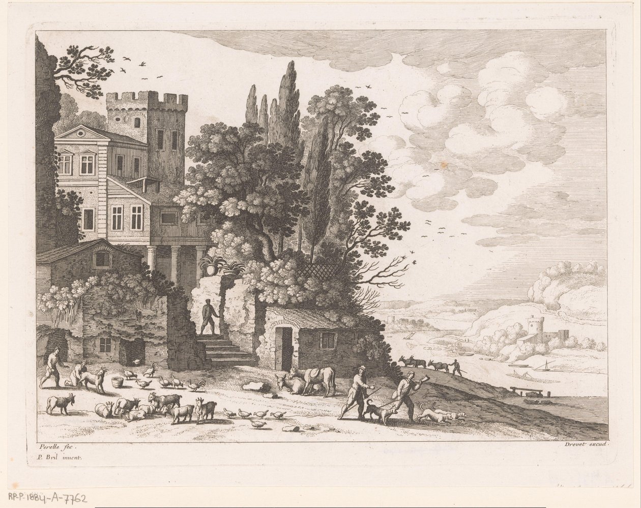 Landskap med hus, figurer och boskap av Nicolas Perelle