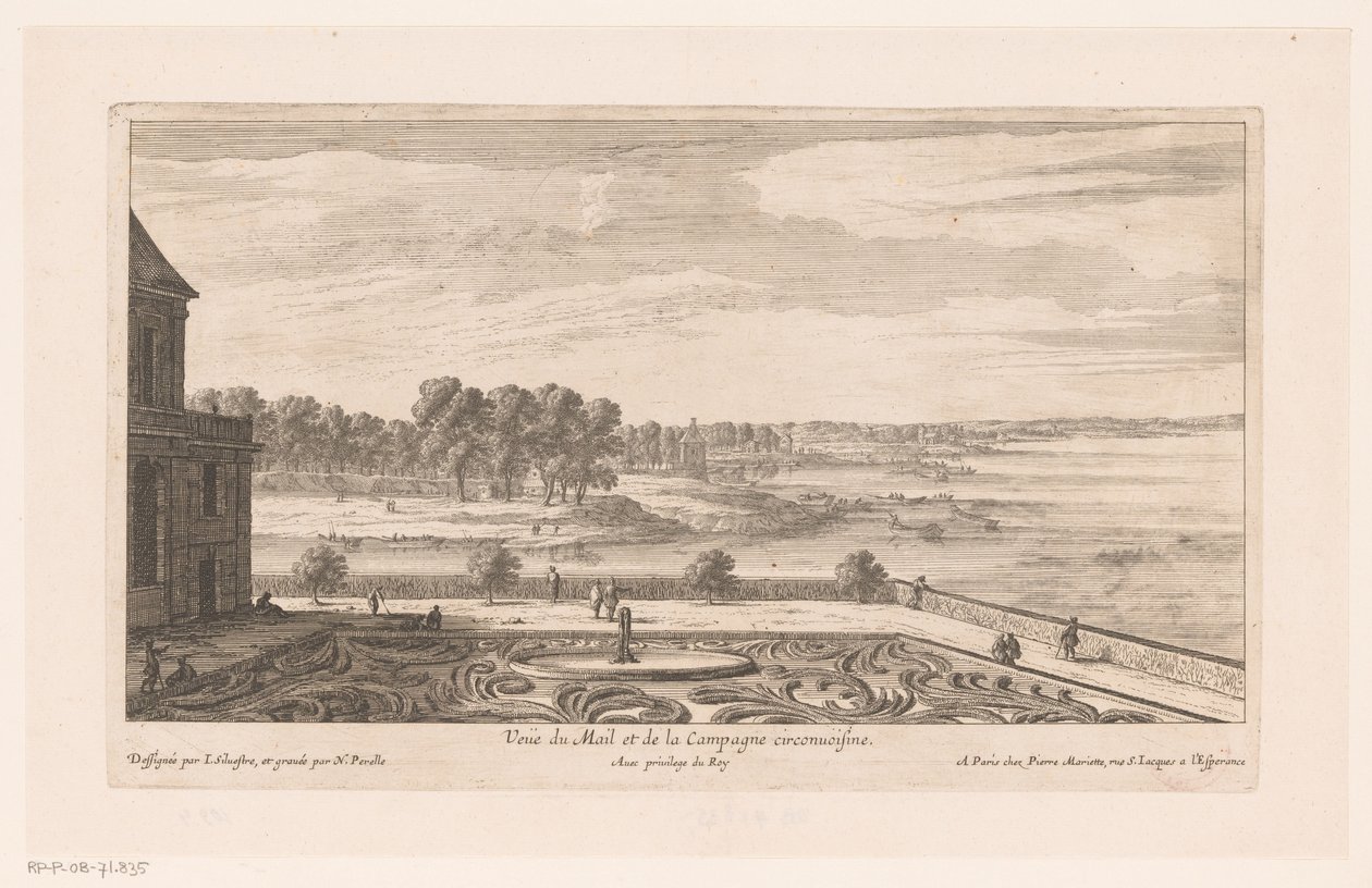 Landskap med hus på landet med trädgård Vue du Mail et de la Campagne circonvoisine (titel på objekt) av Nicolas Perelle