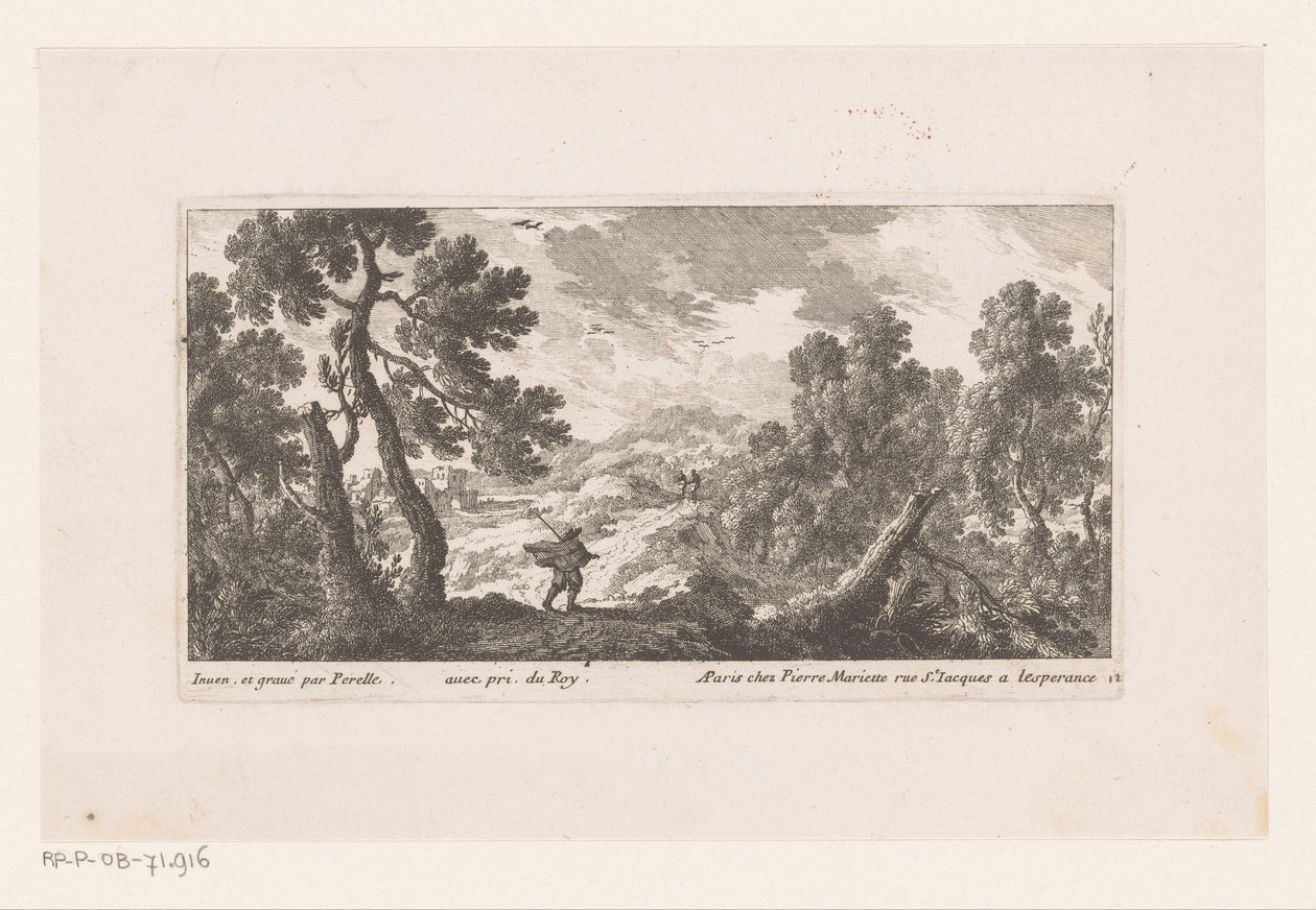 Landskap med en man med en flaxande mantel av Nicolas Perelle