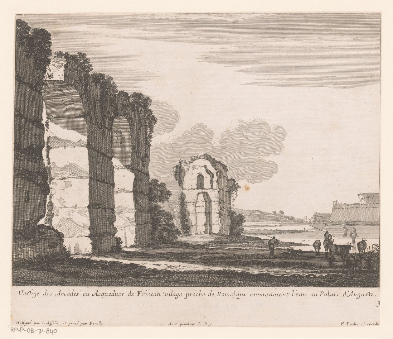 Landskap med ruiner och koskötare Vestige des Arcades ou Aqueducs de Friscati (...) (titel på objekt) av Nicolas Perelle