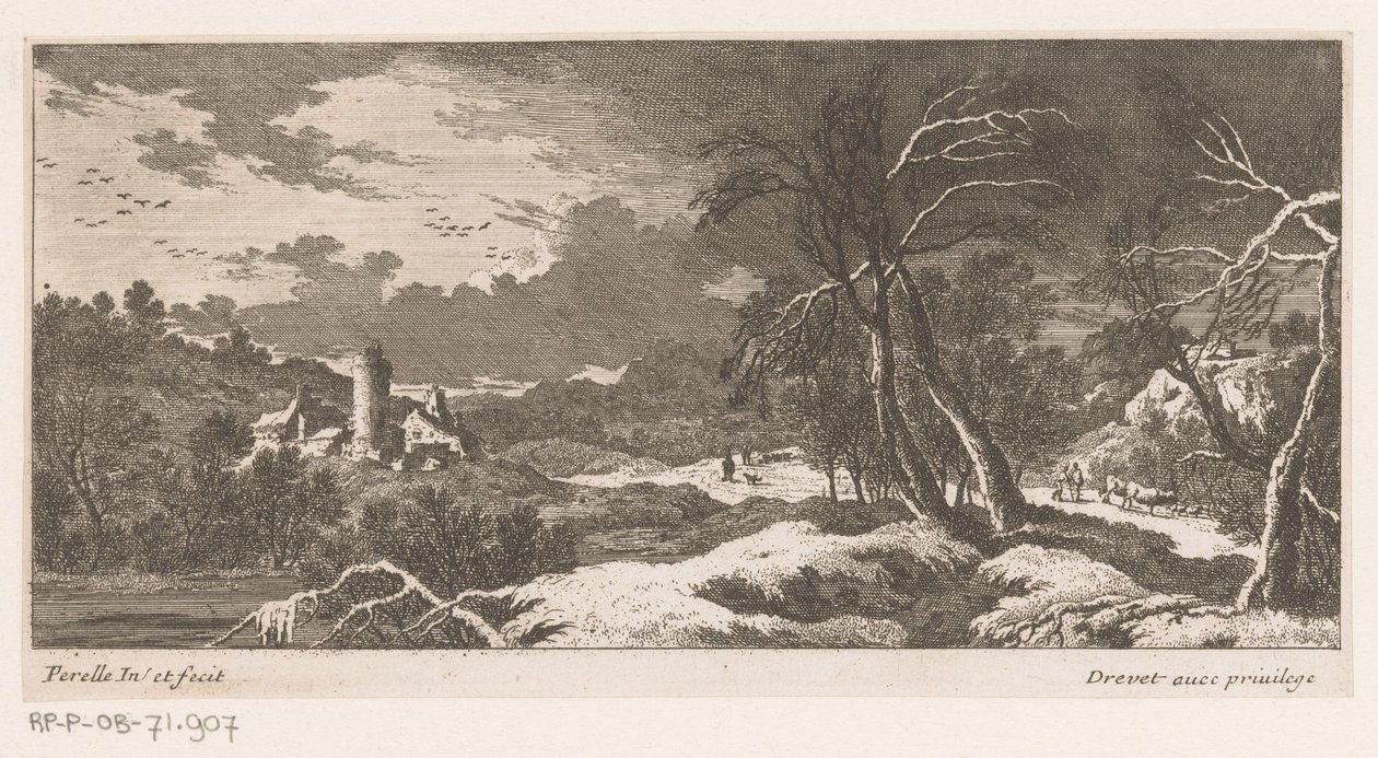 Vinterlandskap med hus och torn av Nicolas Perelle