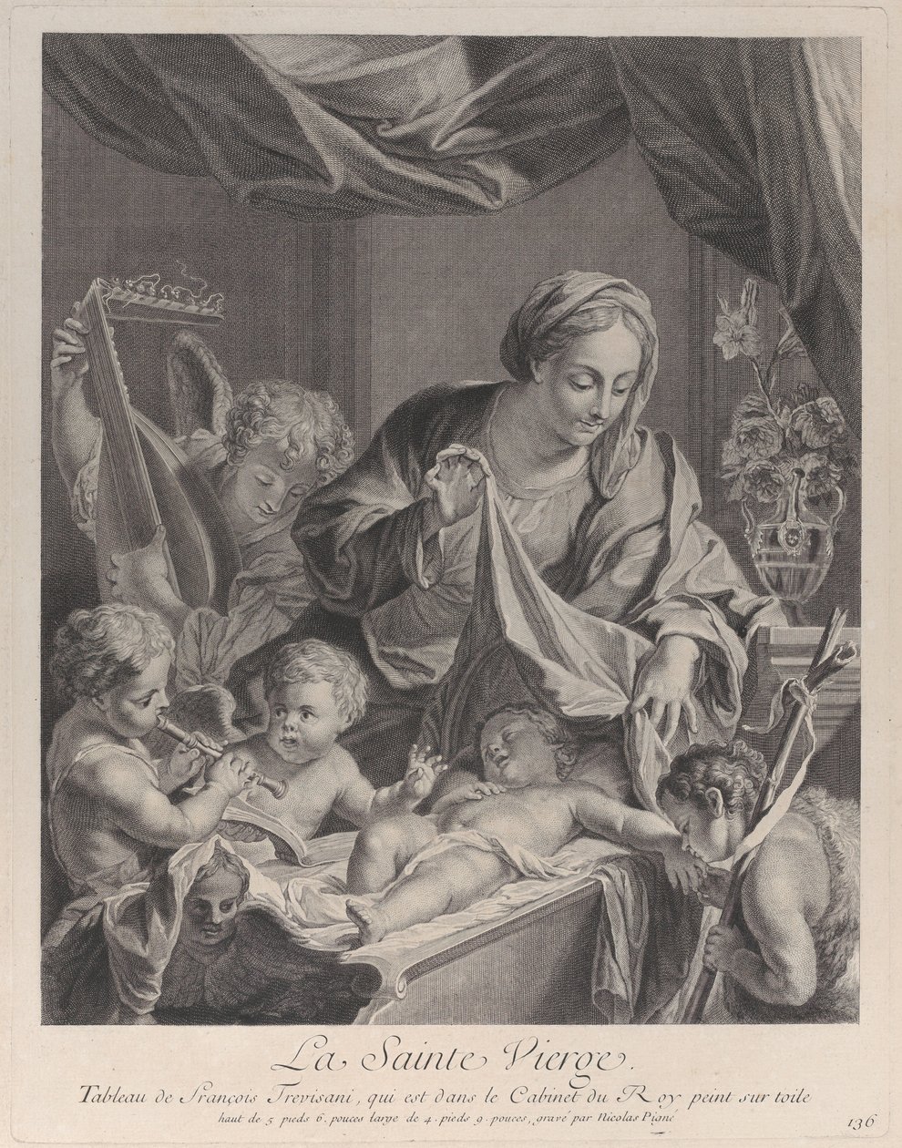 Jungfrun håller ett tyg ovanför det sovande Kristusbarnet, med musikaliska änglar och..., ca. 1729. av Nicolas Pigne