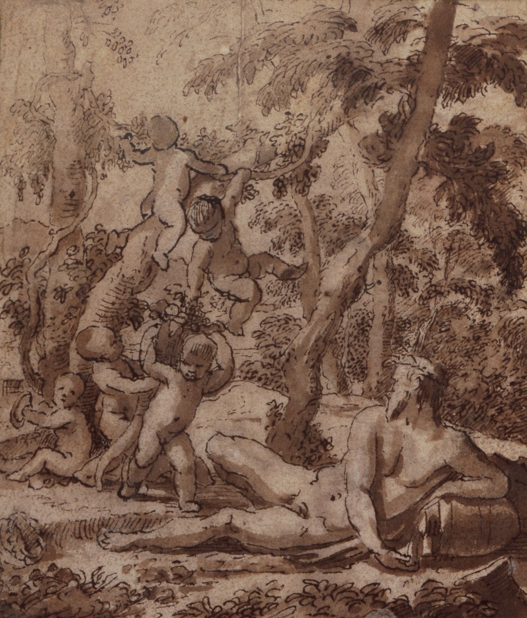 Ett skogslandskap med en flodgud och Putti (penna och bläck) av Nicolas Poussin