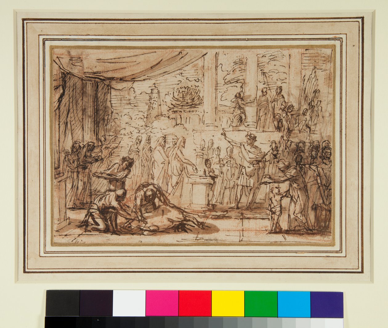 Antik offer i ett tempel (penna och brunt bläck och brunt tvätta över röd krita) av Nicolas Poussin