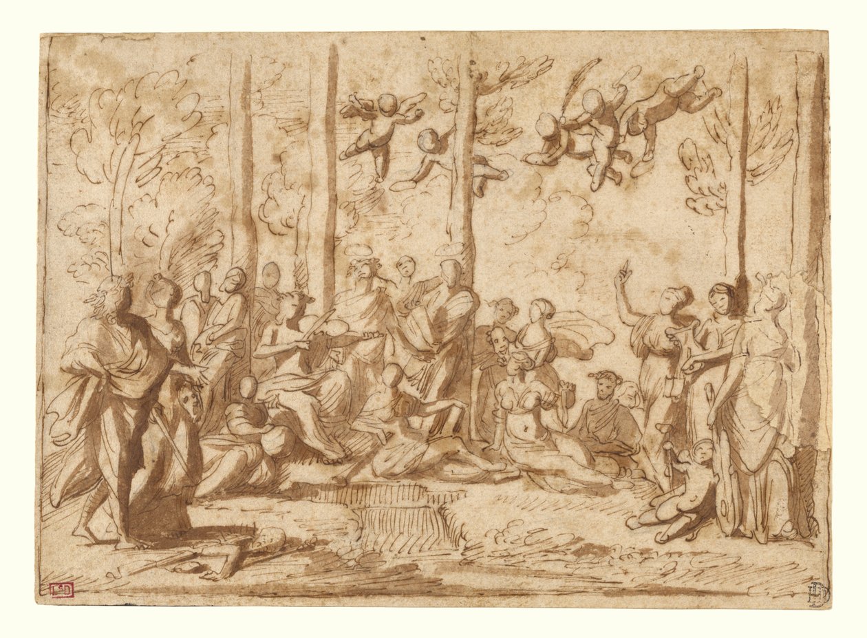 Apollon och muserna på berget Parnassus av Nicolas Poussin