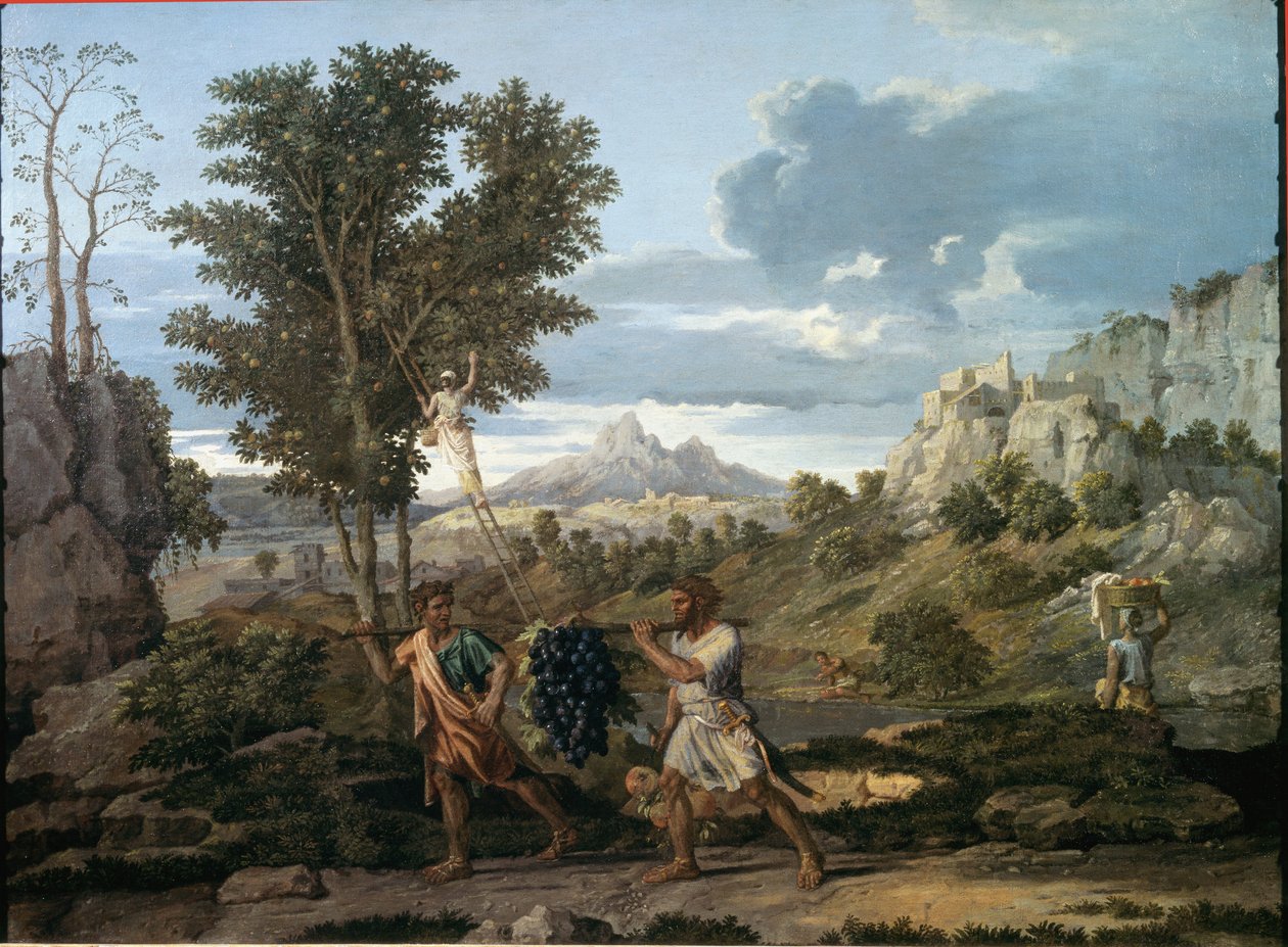 Hösten eller druvklasen som hämtats tillbaka från det förlovade landet / Josue och Kalebs återkomst med en enorm druvklase från Kanaans land av Nicolas Poussin