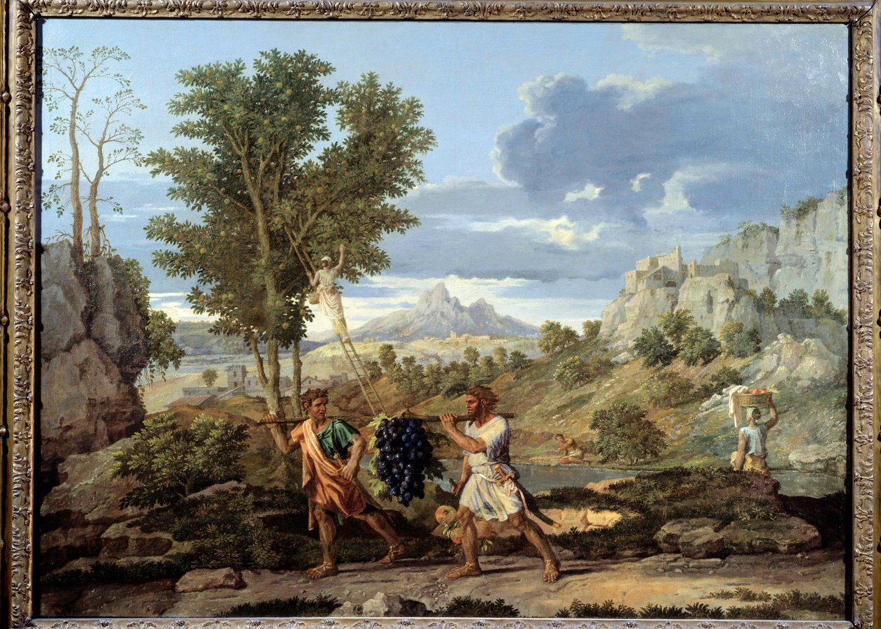 Hösten eller druvklasen som fördes tillbaka från det förlovade landet Josue och Kalebs återkomst med ett enormt druvklase från Kanaans land av Nicolas Poussin