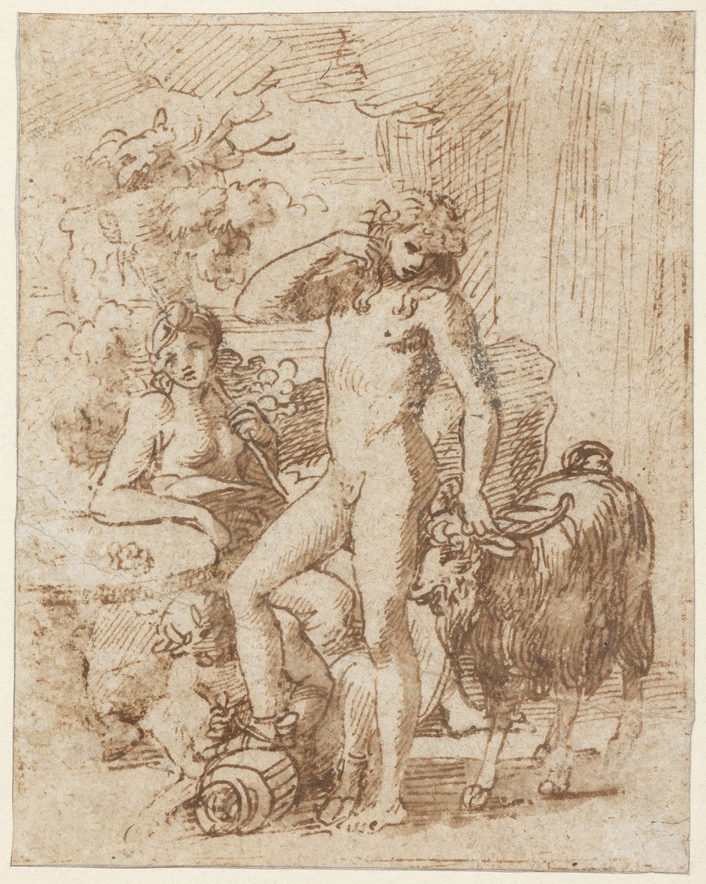 Bacchus och Erigone (penna och bläck med tvätt på papper) av Nicolas Poussin