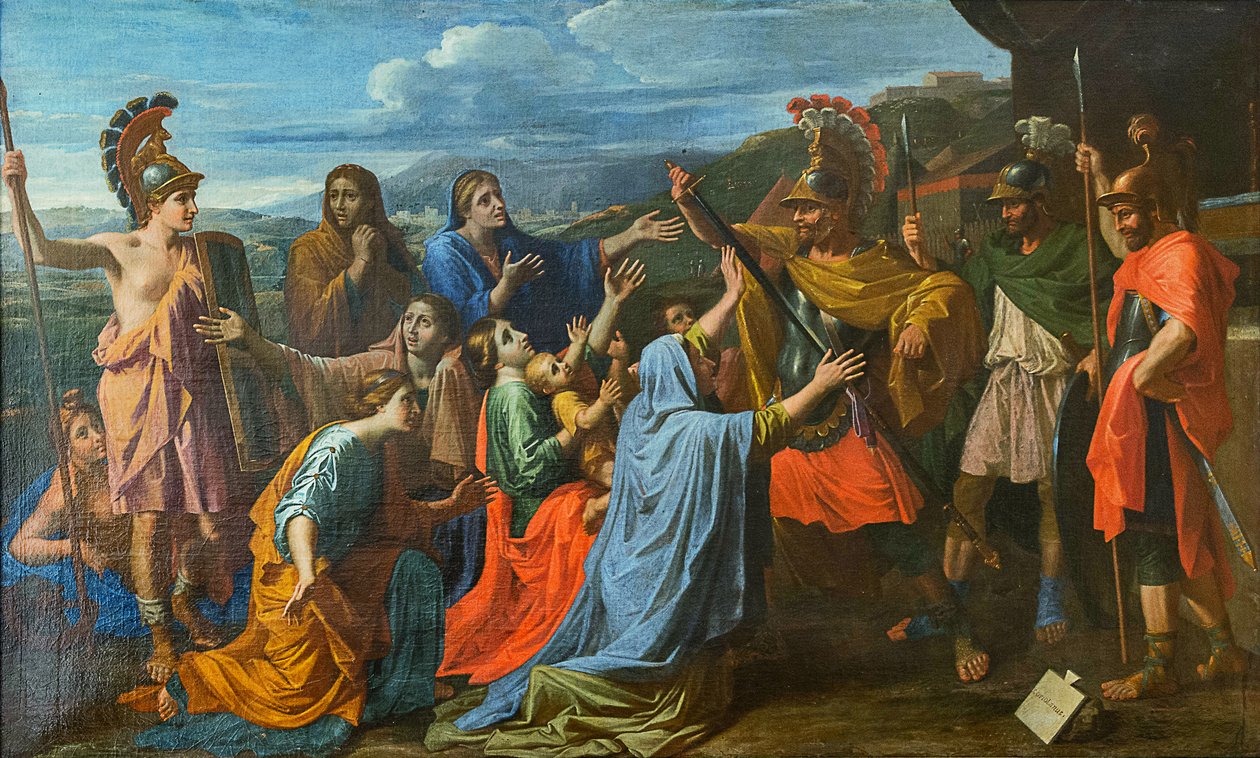 Coriolanus övertalad av sin familj att skona Rom Veturia vid Coriolanus fötter, ca 1652. av Nicolas Poussin