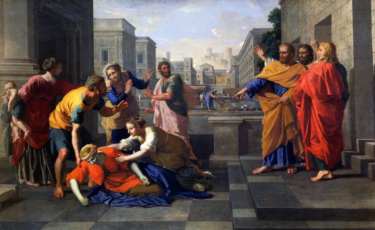 Död av Saffira, Ananias hustru, som föll brinnande vid Peters fötter, ca 1652 (olja på duk) av Nicolas Poussin