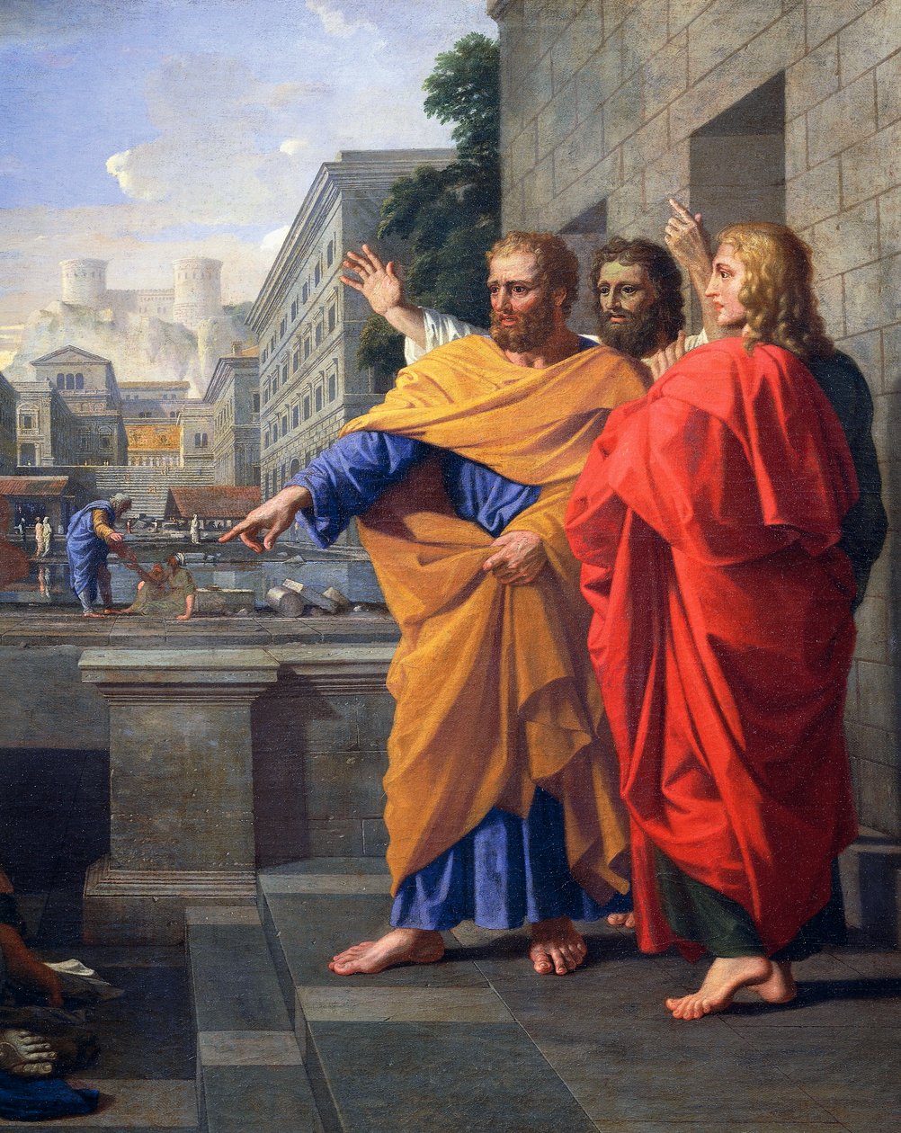 Död av Sapphira, fru till Ananias, som föll brinnande vid Peters fötter, detalj av 2581012, ca 1652 (olja på duk) av Nicolas Poussin