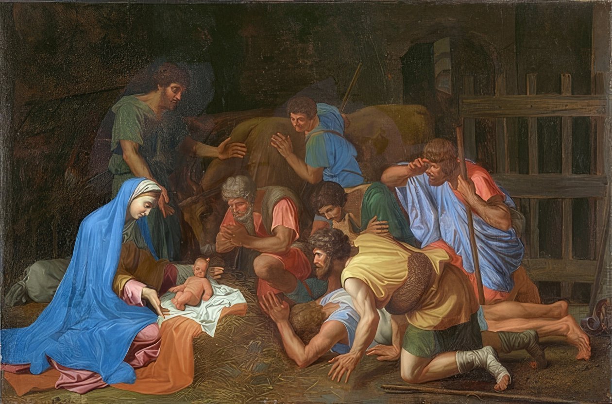 Tillbedjan av herdarna. Omkring 1653 av Nicolas Poussin