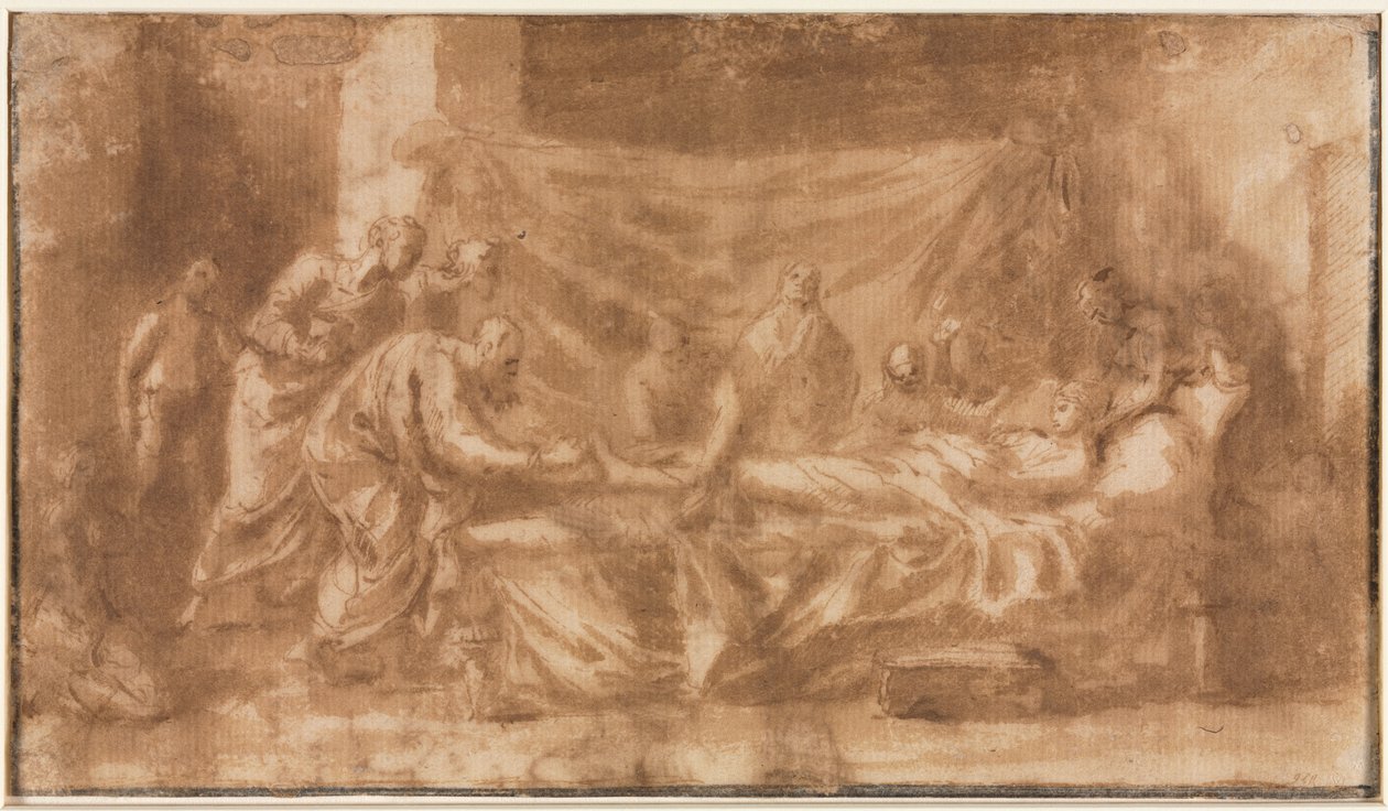 Extreme Unction (recto); Tre huvuden och andra skisser (verso) av Nicolas Poussin