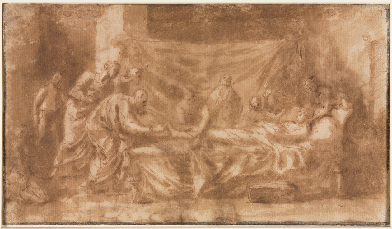 Extreme Unction recto, Three Heads and Other Sketches verso, 1643-1644. av Nicolas Poussin