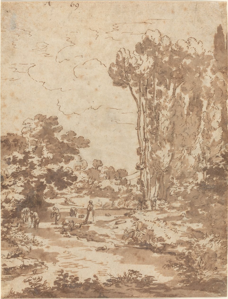 Figurer som badar i en bäck av Nicolas Poussin