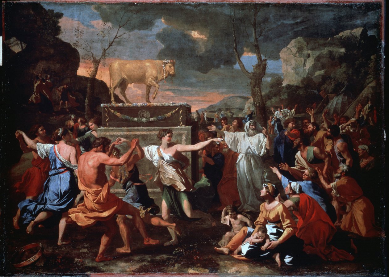 Tillbedjan av den gyllene kalven. Det hebreiska folket dansar runt guldkalvens idol. Målning av Nicolas Poussin (1594-1665) av Nicolas Poussin