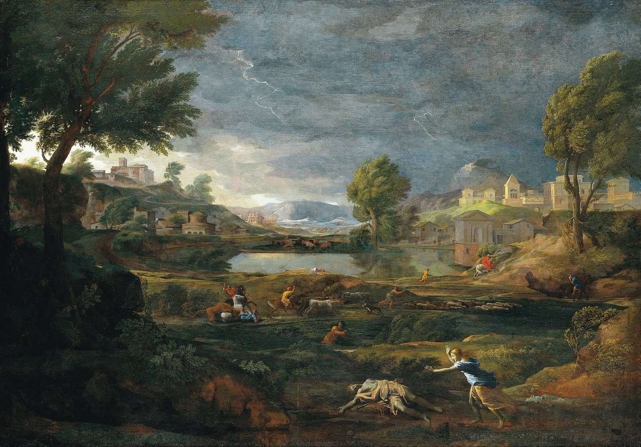 Landskap under ett åskväder med Pyramus och Thisbe av Nicolas Poussin