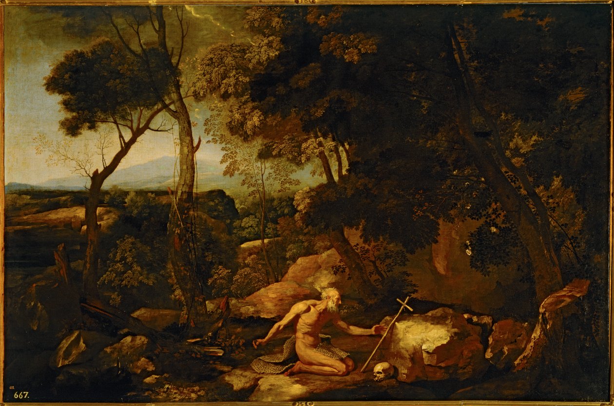 Landskap med Sankt Hieronymus ... (målning på duk) av Nicolas Poussin