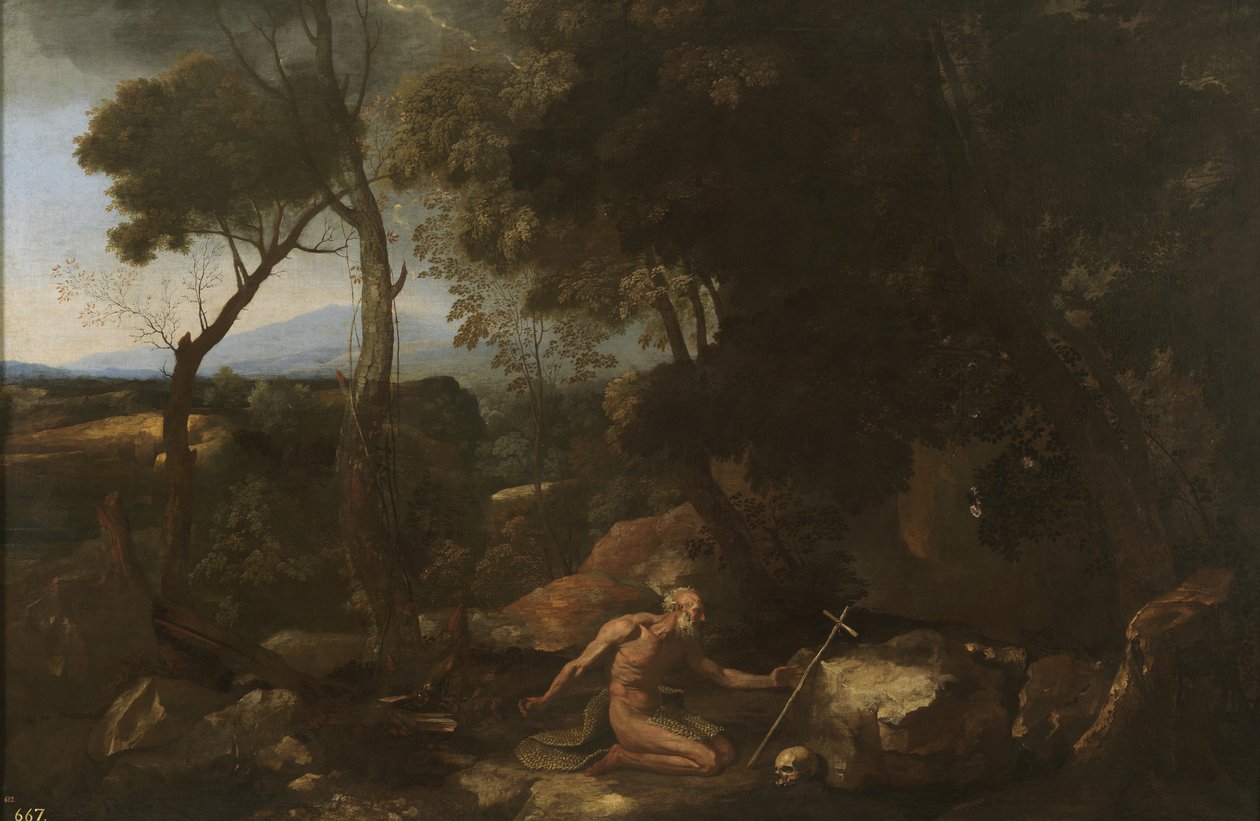 Landskap med eremiten Paulus, 1638 av Nicolas Poussin