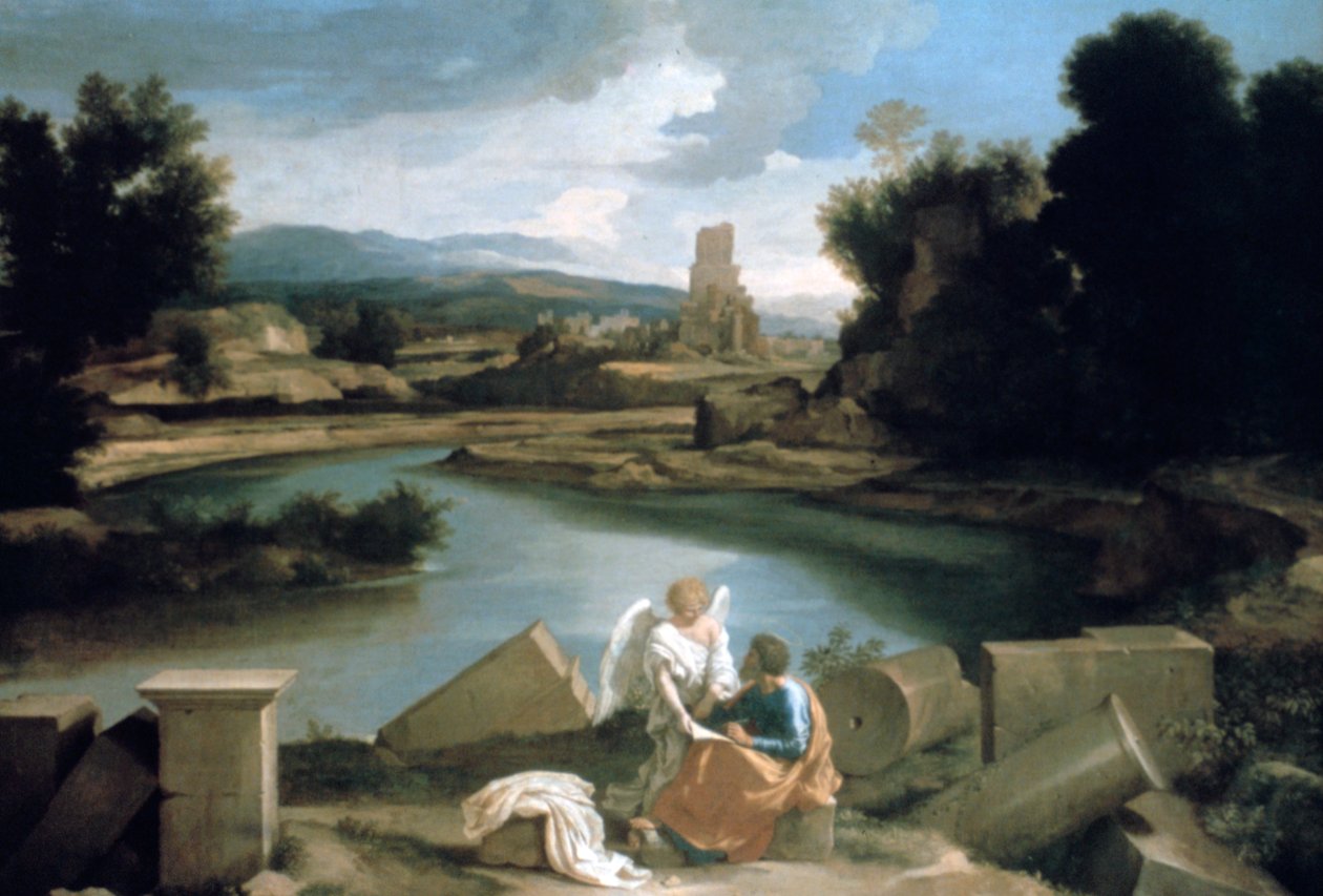 Landskap med St Matteus och ängeln, c1645 av Nicolas Poussin