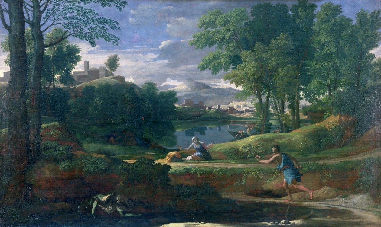 Landskap med en man dödad av en orm, ca 1648 (olja på duk) av Nicolas Poussin