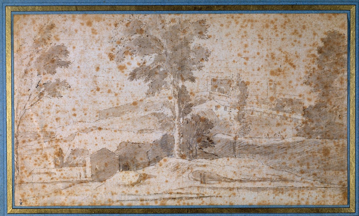 Landskap med ett stort träd i mitten och en belvedere av Nicolas Poussin