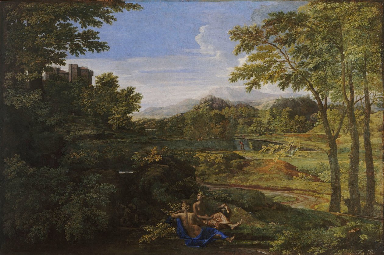 Landskap med två nymfer och en orm, ca 1659 av Nicolas Poussin