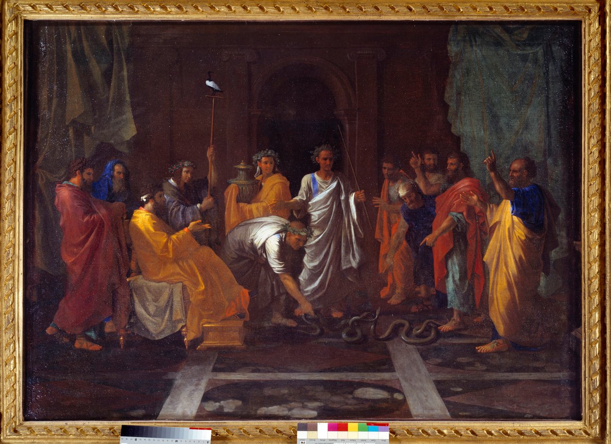 Moses ändrar Arons stav till en orm. Målning av Nicolas Poussin av Nicolas Poussin