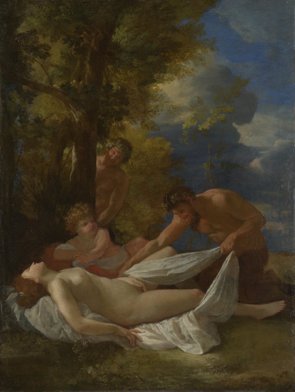 Nymf med Satyrer, ca 1627 av Nicolas Poussin