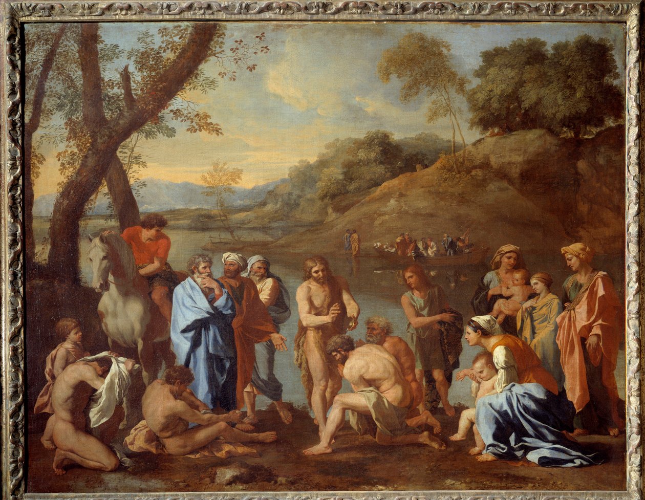 Sankt Johannes döper folket. Johannes Döparen välsignade män vid en flod. Målning av Nicolas Poussin av Nicolas Poussin