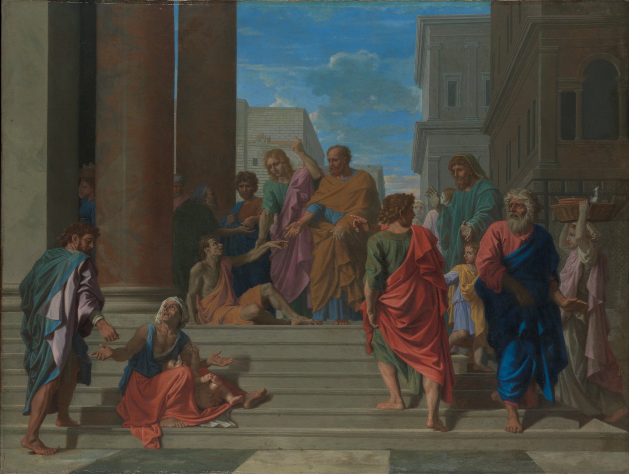 De heliga Petrus och Johannes botar den lame mannen av Nicolas Poussin