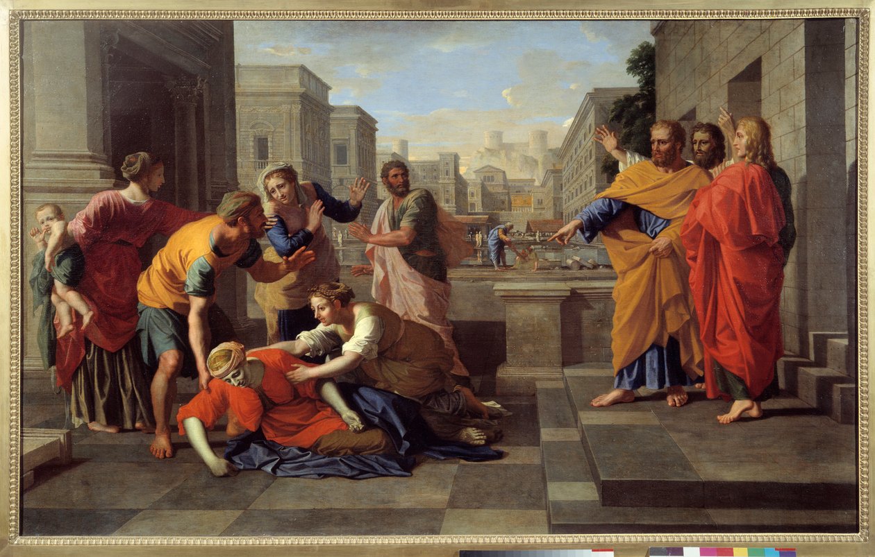 Saphiras död. En man vid namn Ananias, och hans hustru Saphira, sålde en egendom och behöll en del av priset, hans hustru visste det; sedan bar han resten och lade den för apoters fötter för att samla medlen vid en apoters möte". Sankt Peter förebrå av Nicolas Poussin