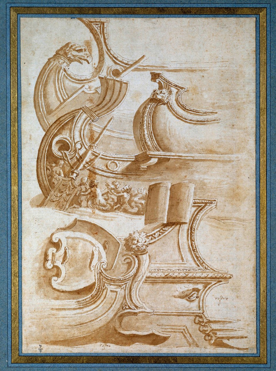 Skeppsbåge och sköldar (efter Giulio Romano av Nicolas Poussin