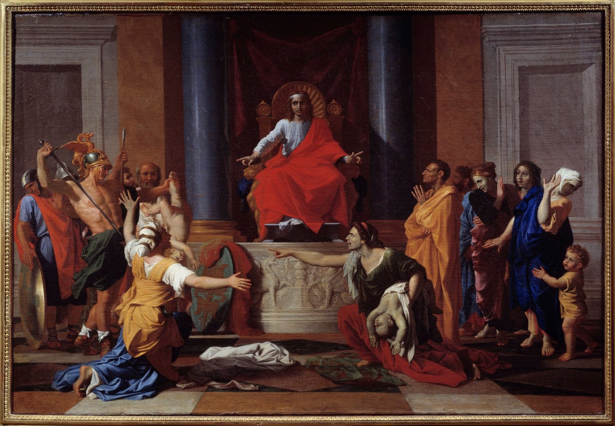 Salomos dom Två kvinnor låtsas vara mor till samma barn. Målning av Nicolas Poussin av Nicolas Poussin