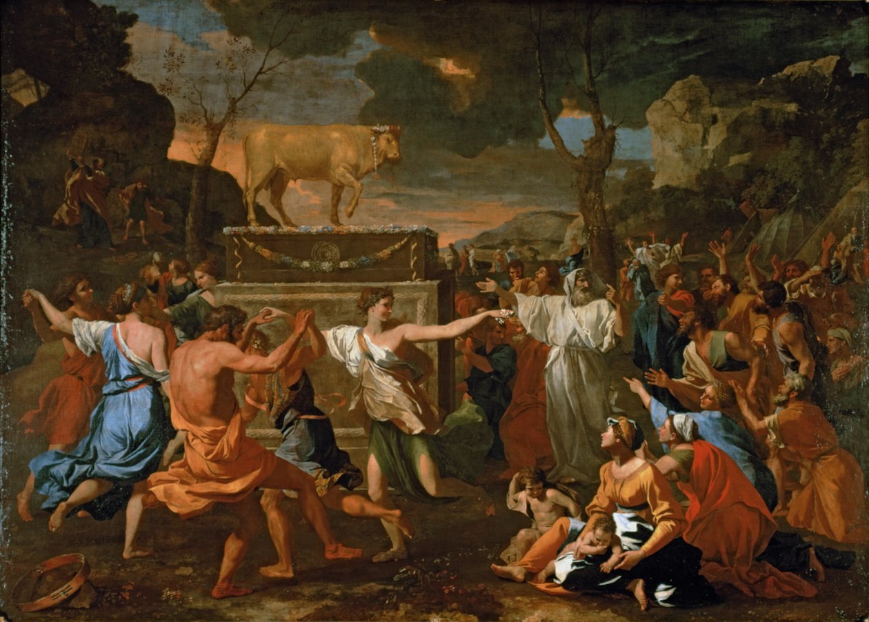 Tillbedjan av guldkalven... av Nicolas Poussin