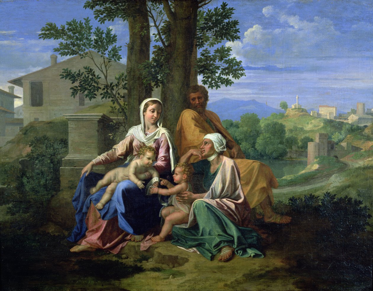 Den heliga familjen med SS. Johannes, Elisabet och barnet Johannes Döparen av Nicolas Poussin