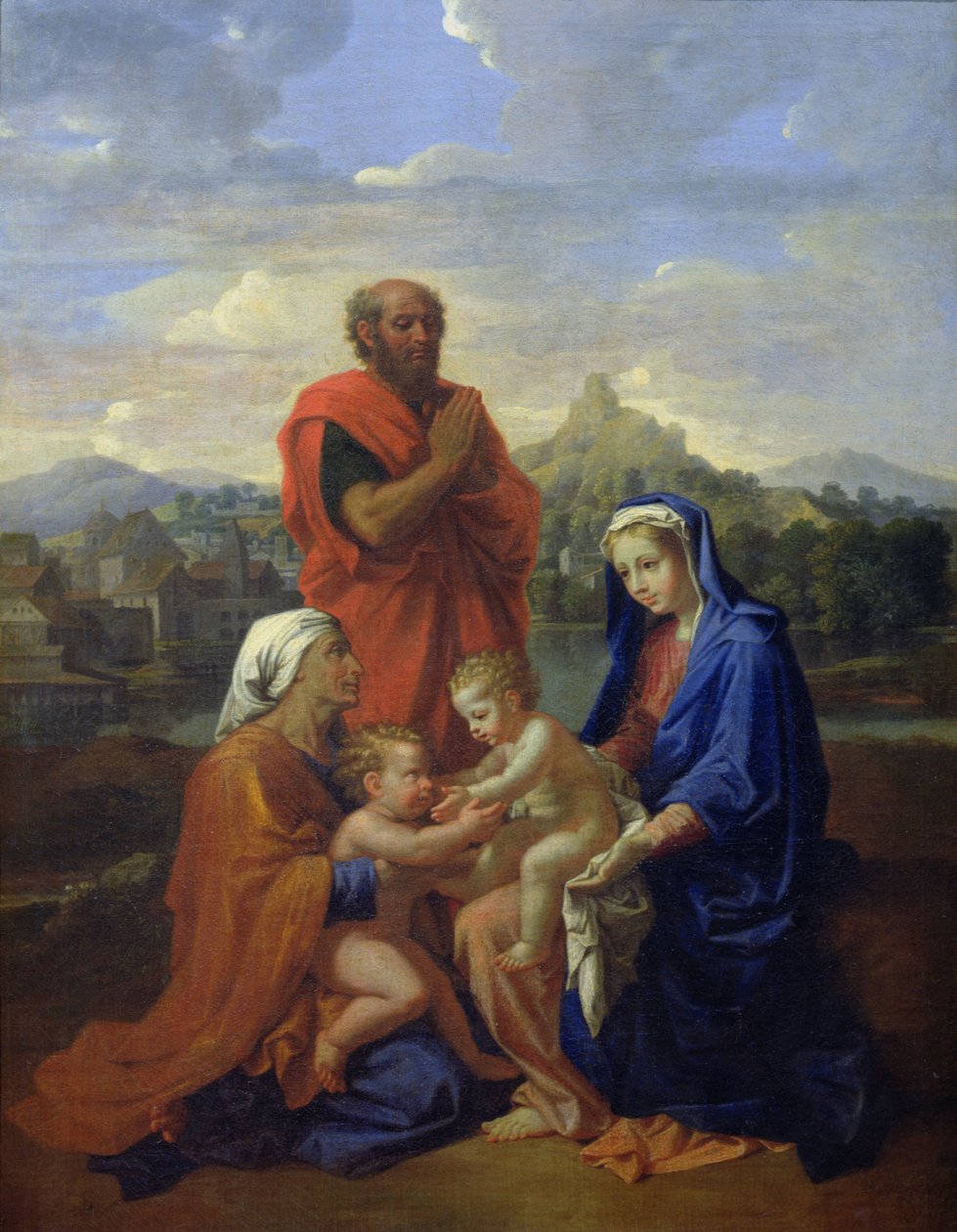 Den heliga familjen med St. John, St. Elizabeth och St. Joseph ber, 1656 av Nicolas Poussin
