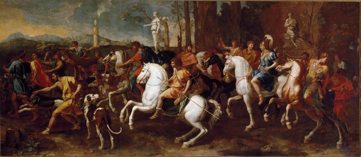 Jakten på Meleager. Hjältar från grekisk mytologi som är kända under jakten på vildsvinen från Calydon. Målning av Nicolas Poussin av Nicolas Poussin